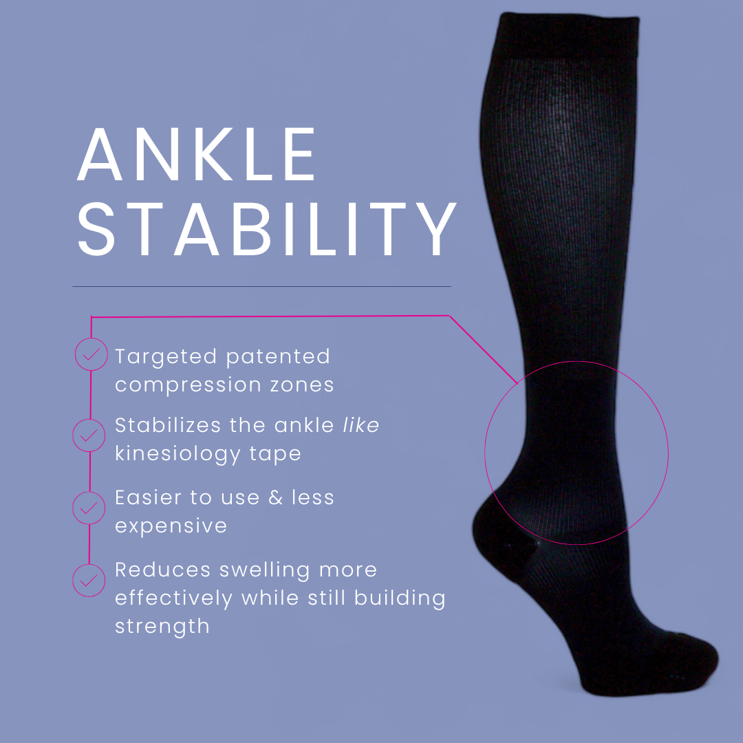 Black compression sock on a purple background.