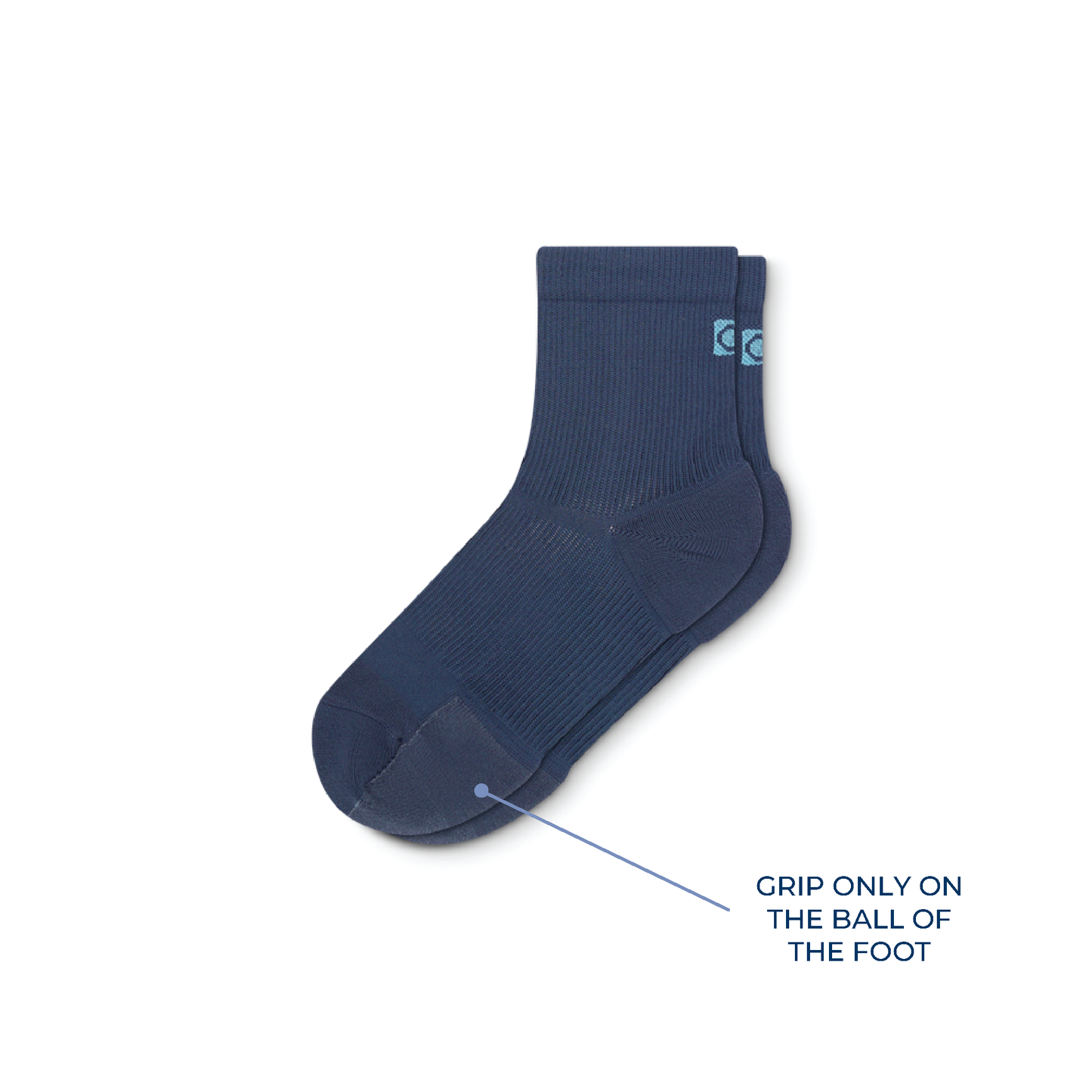 Pair of navy grip socks with ankle support on white background