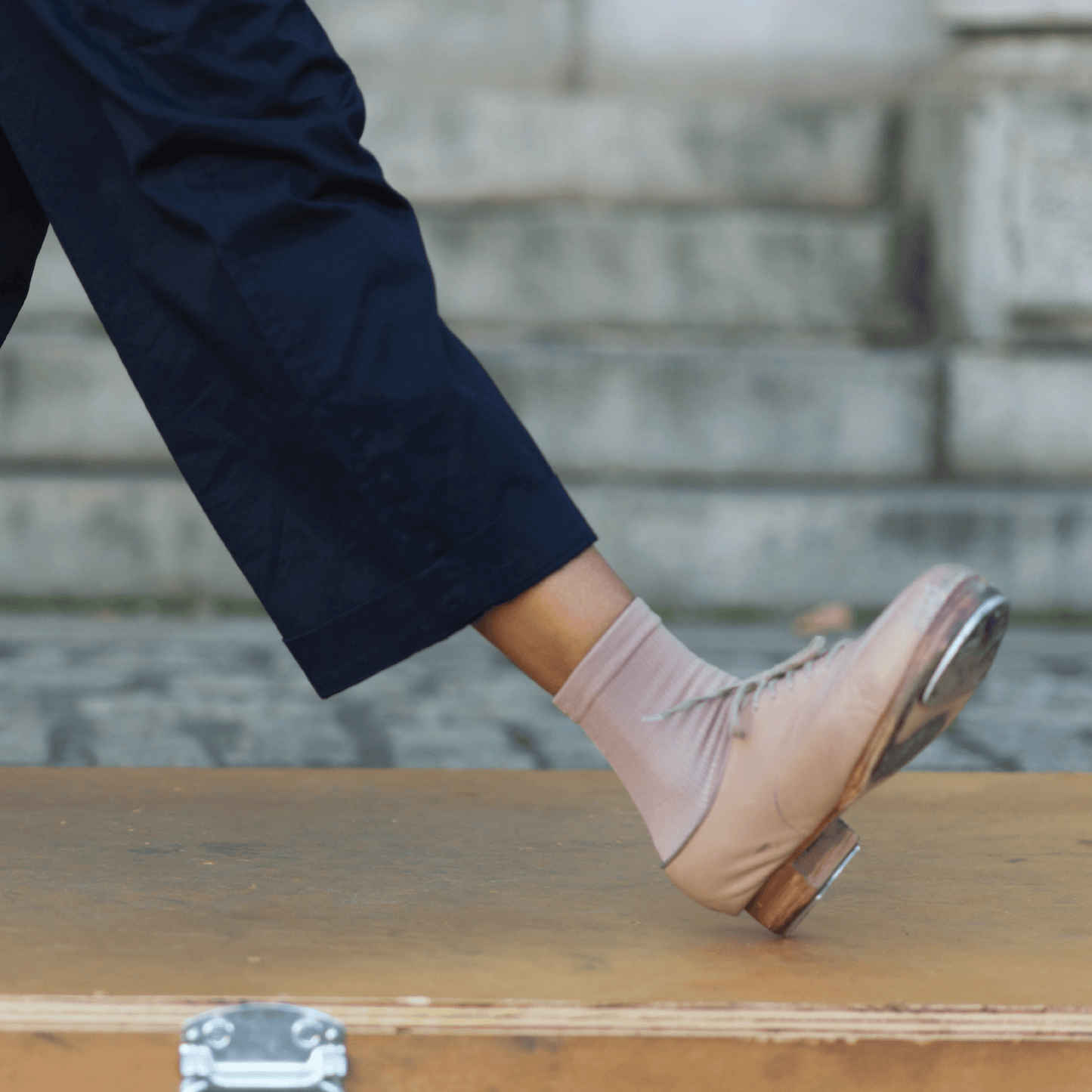 Crew compression socks with ankle support worn in tap shoes by woman