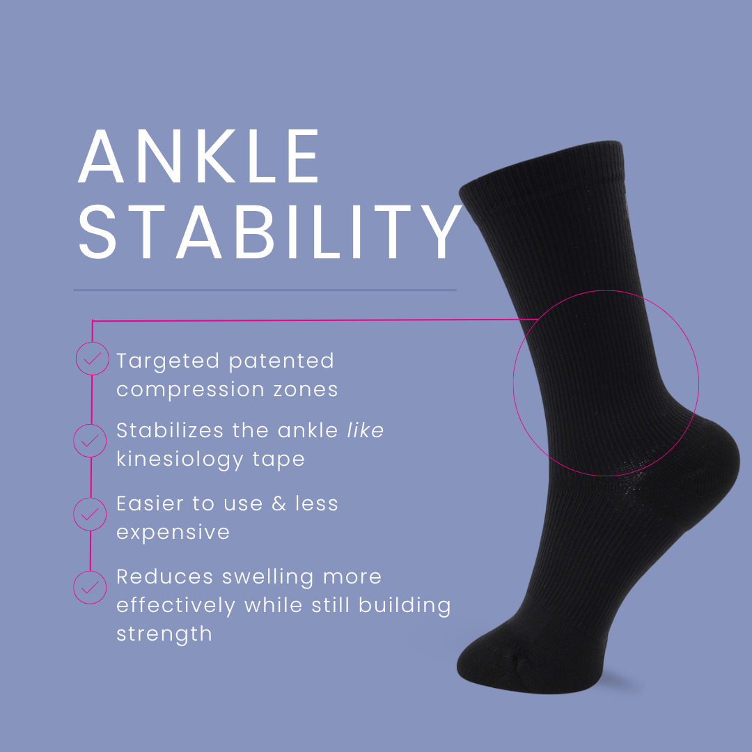 Black compression sock on a purple background.