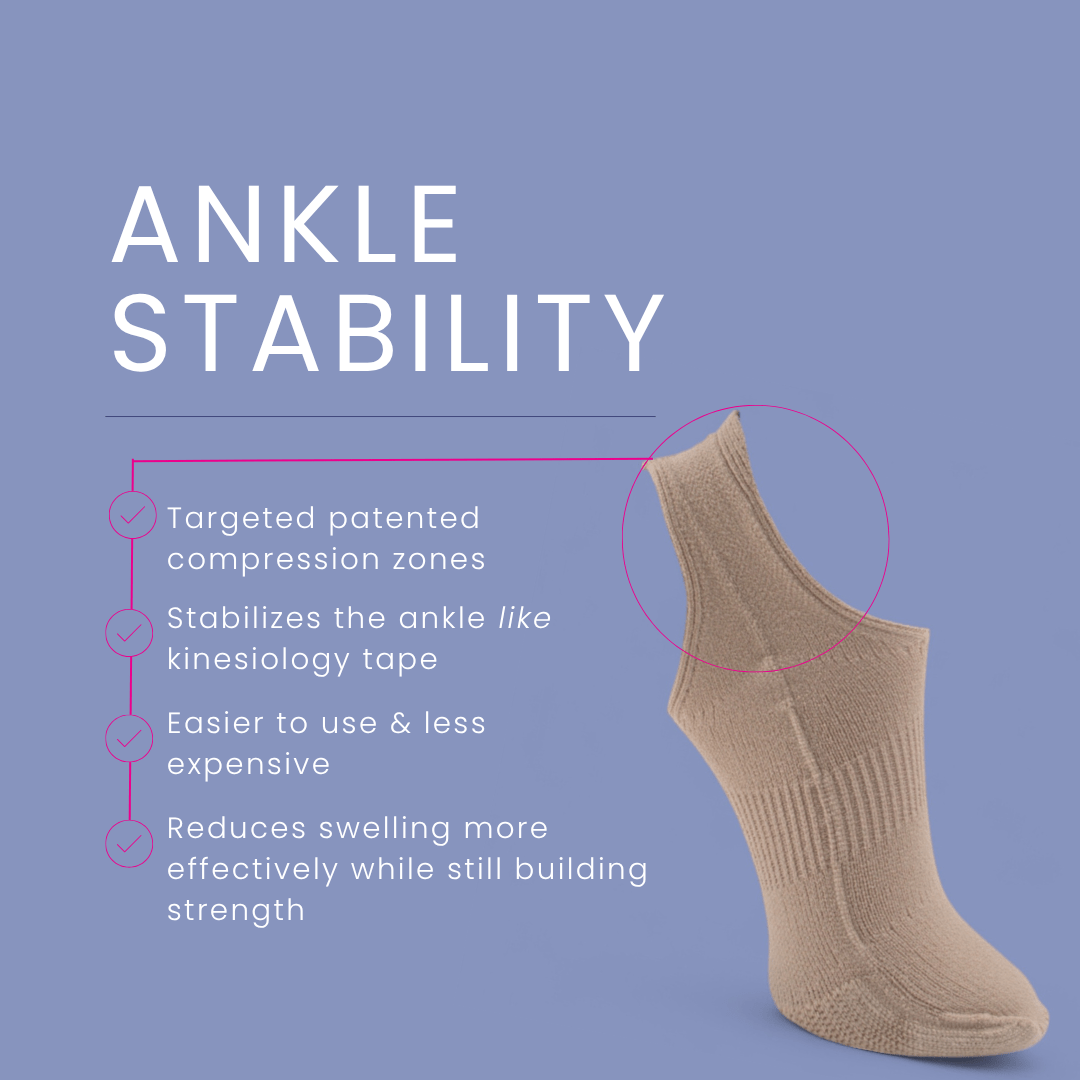 Tan ankle brace against blue background.