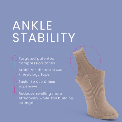 Tan ankle brace against blue background.