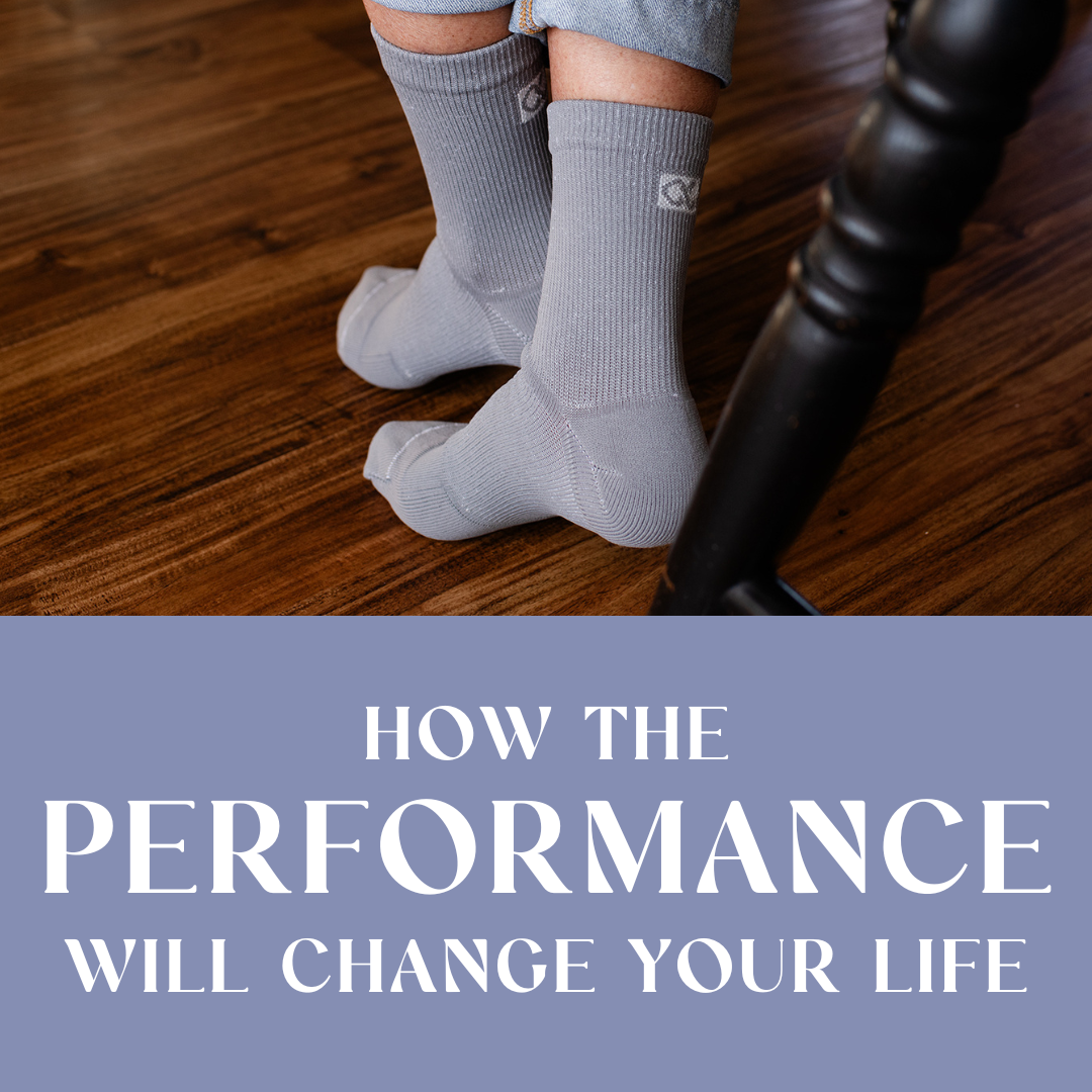 Compression socks for women in various colors are modeled on feet walking across the screen