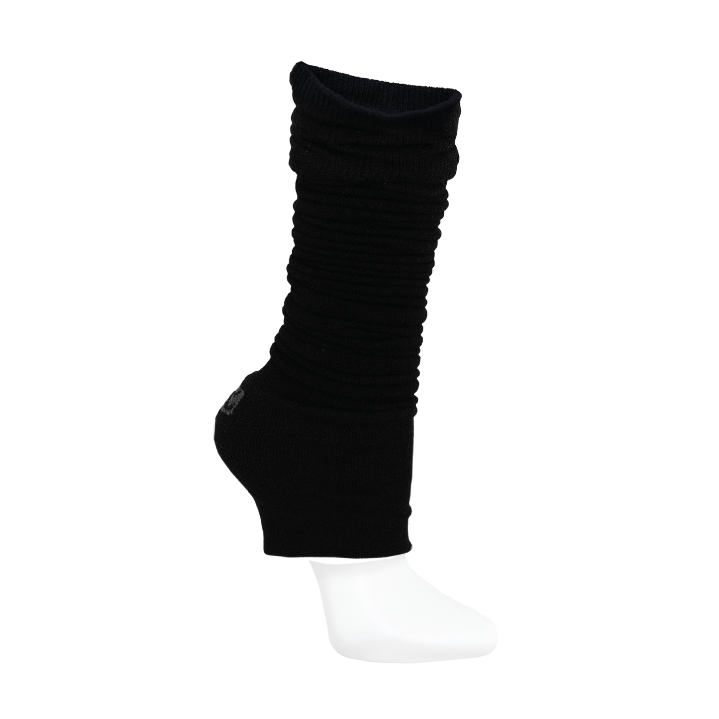Scrunched black leg warmer with knee support on white background