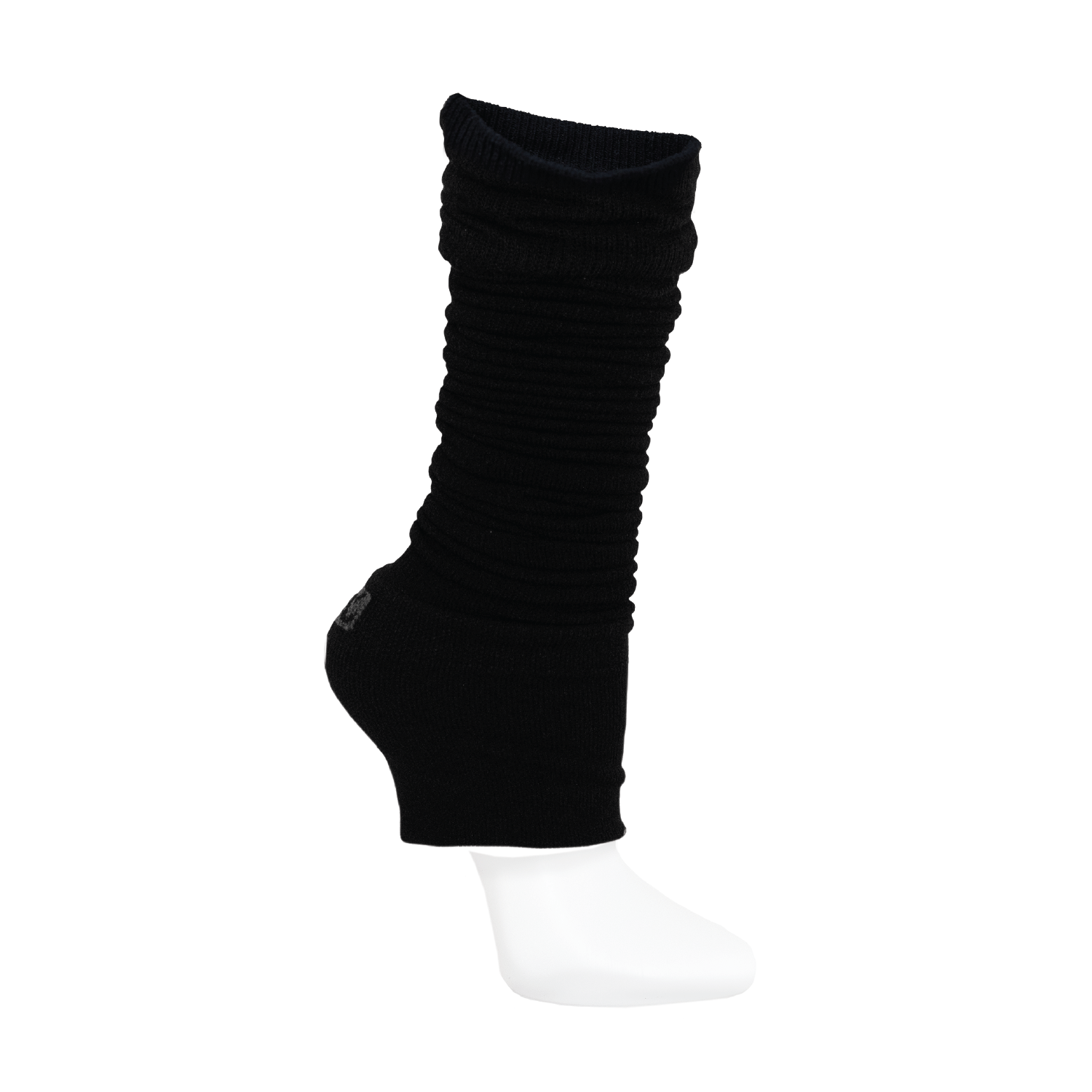 Scrunched black leg warmer with knee support on white background