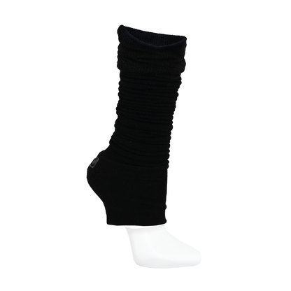 Scrunched black leg warmer with knee support on white background
