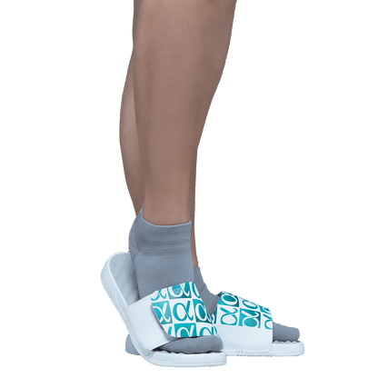 Apolla Slides in white with gray no show AMP socks worn inside